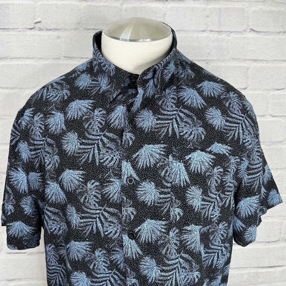 Nat Nast Mens Large Shirt Silk Blend Black Blue Palm Print Large Resort Wear